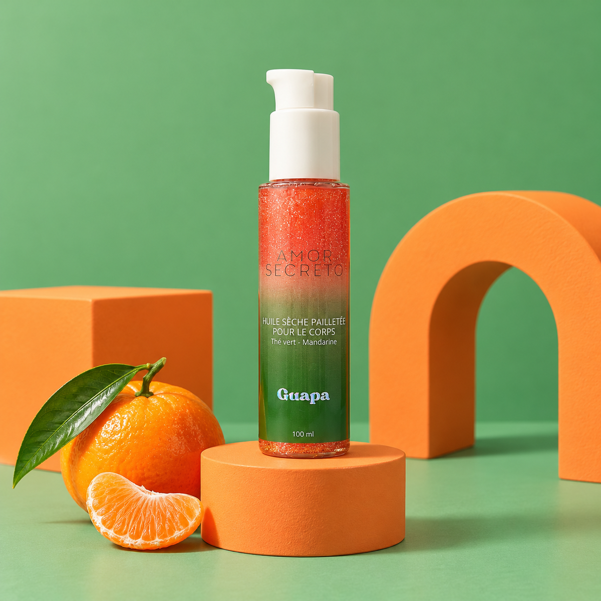 Huile Pailletée Corps Thé Vert Mandarine GUAPA – Sèche & Scintillante 100 ml