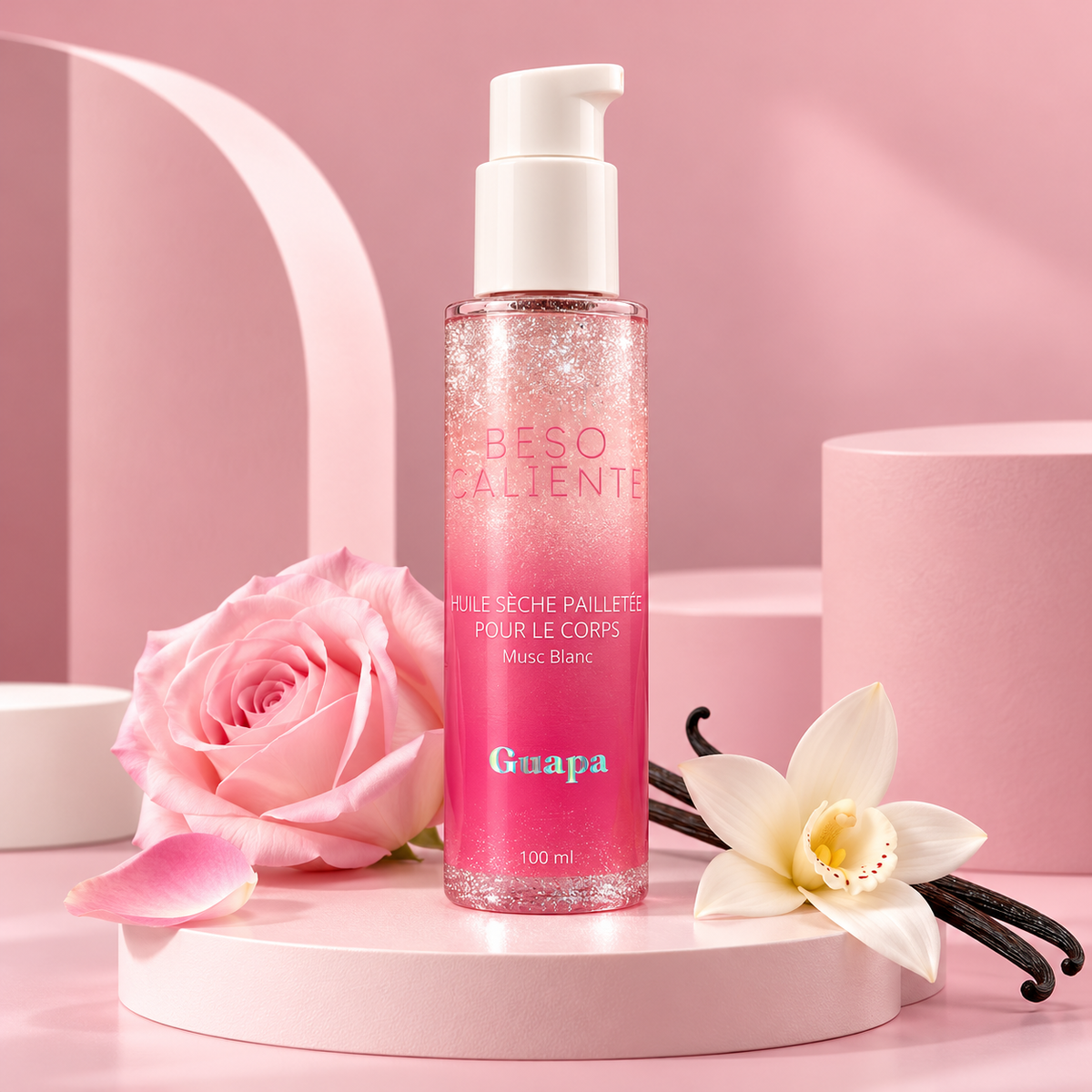Huile Corps Musc Blanc Pailletée GUAPA – Sèche & Scintillante 100 ml