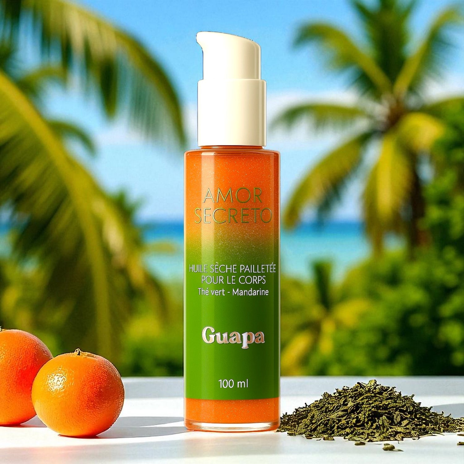 Huile sèche pailletée scintillante - Thé vert et Mandarine - 100 ml