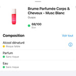 Note Yuka 68/100 Bon – Brume Parfumée Corps et Cheveux Musc Blanc GUAPA