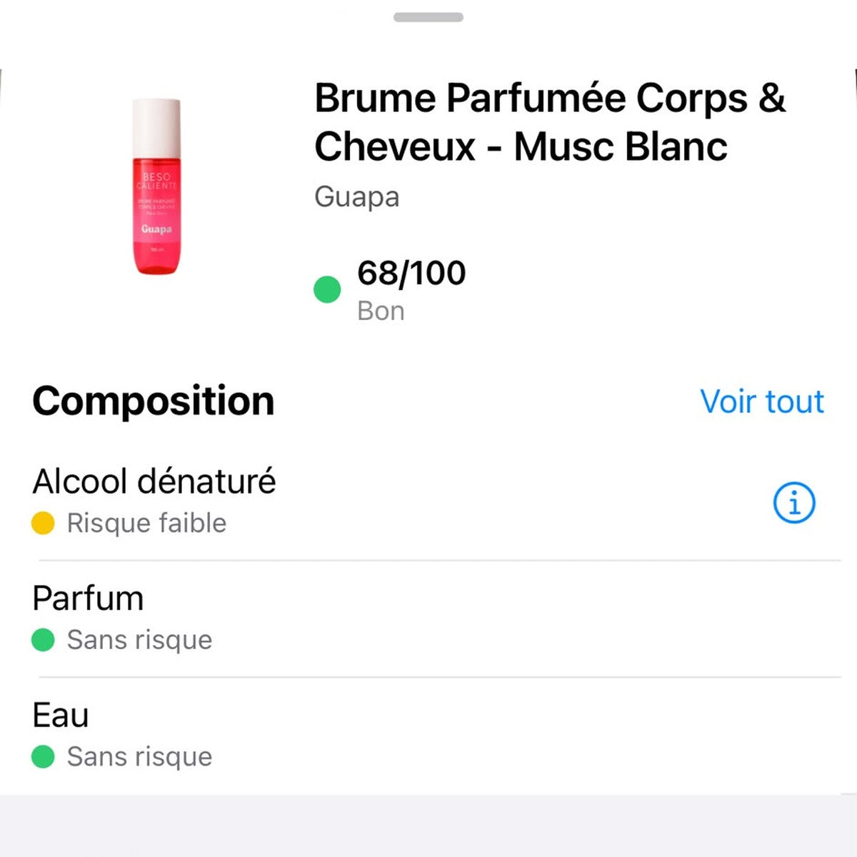 Note Yuka 68/100 Bon – Brume Parfumée Corps et Cheveux Musc Blanc GUAPA