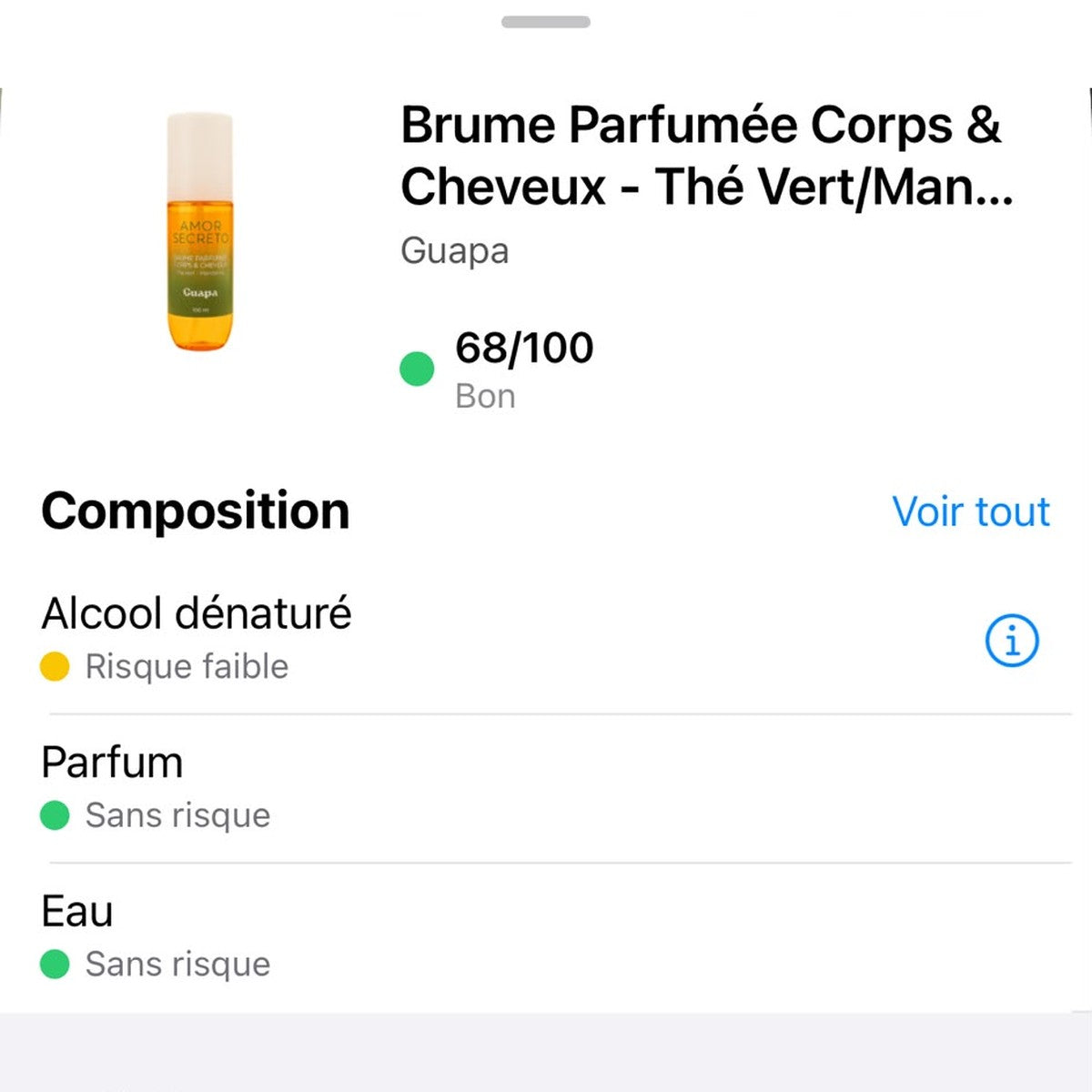 Note Yuka 68/100 Bon – Brume Parfumée Corps et Cheveux Thé Vert Mandarine GUAPA
