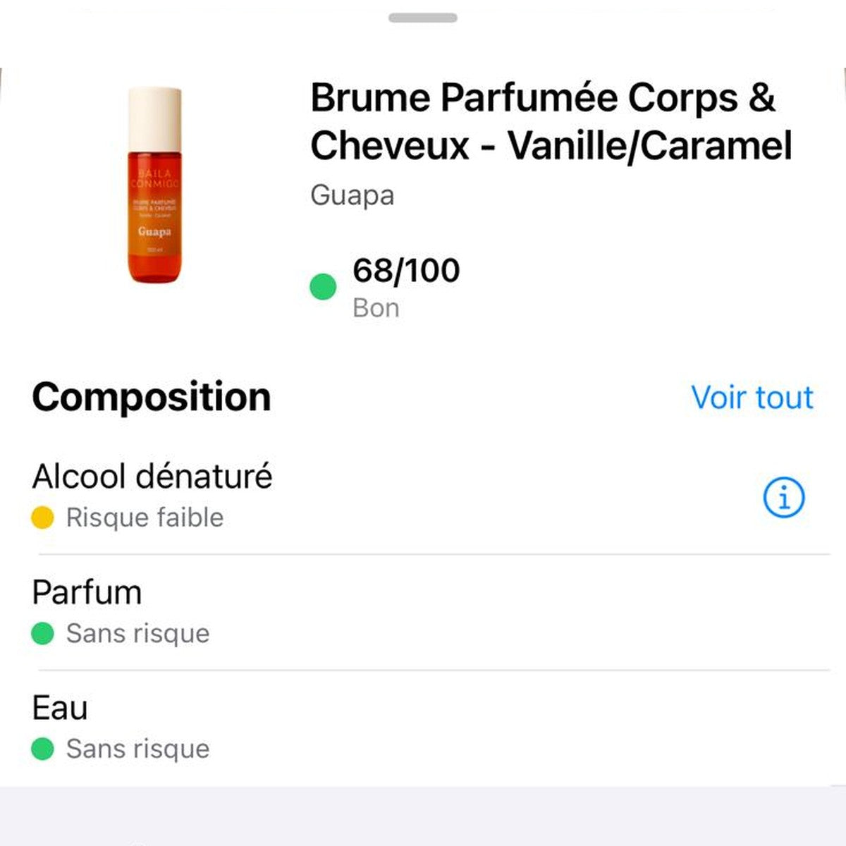 Note Yuka 68/100 Bon – Brume Parfumée Corps et Cheveux Vanille Caramel GUAPA