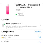 Note Yuka 91/100 Excellent – Gel Douche Shampoing 2 en 1 Musc Blanc GUAPA