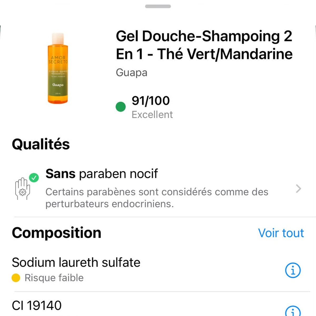 Note Yuka 91/100 Excellent – Gel Douche Shampoing 2 en 1 Thé Vert Mandarine GUAPA