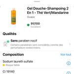 Note Yuka 91/100 Excellent – Gel Douche Shampoing 2 en 1 Thé Vert Mandarine GUAPA