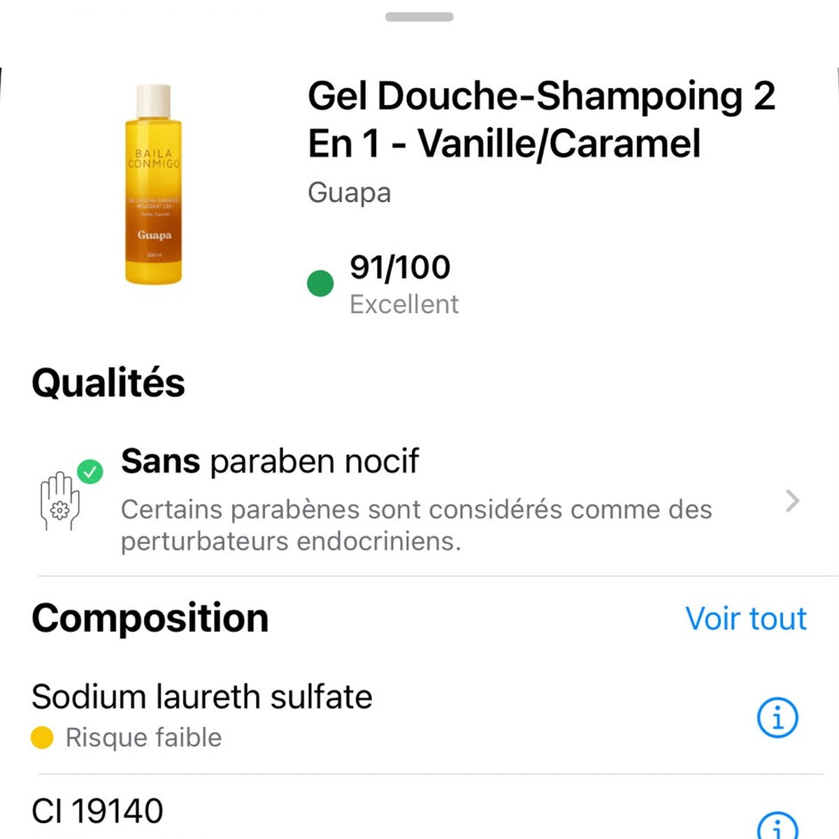 Note Yuka 91/100 Excellent – Gel Douche Shampoing 2 en 1 Vanille Caramel GUAPA