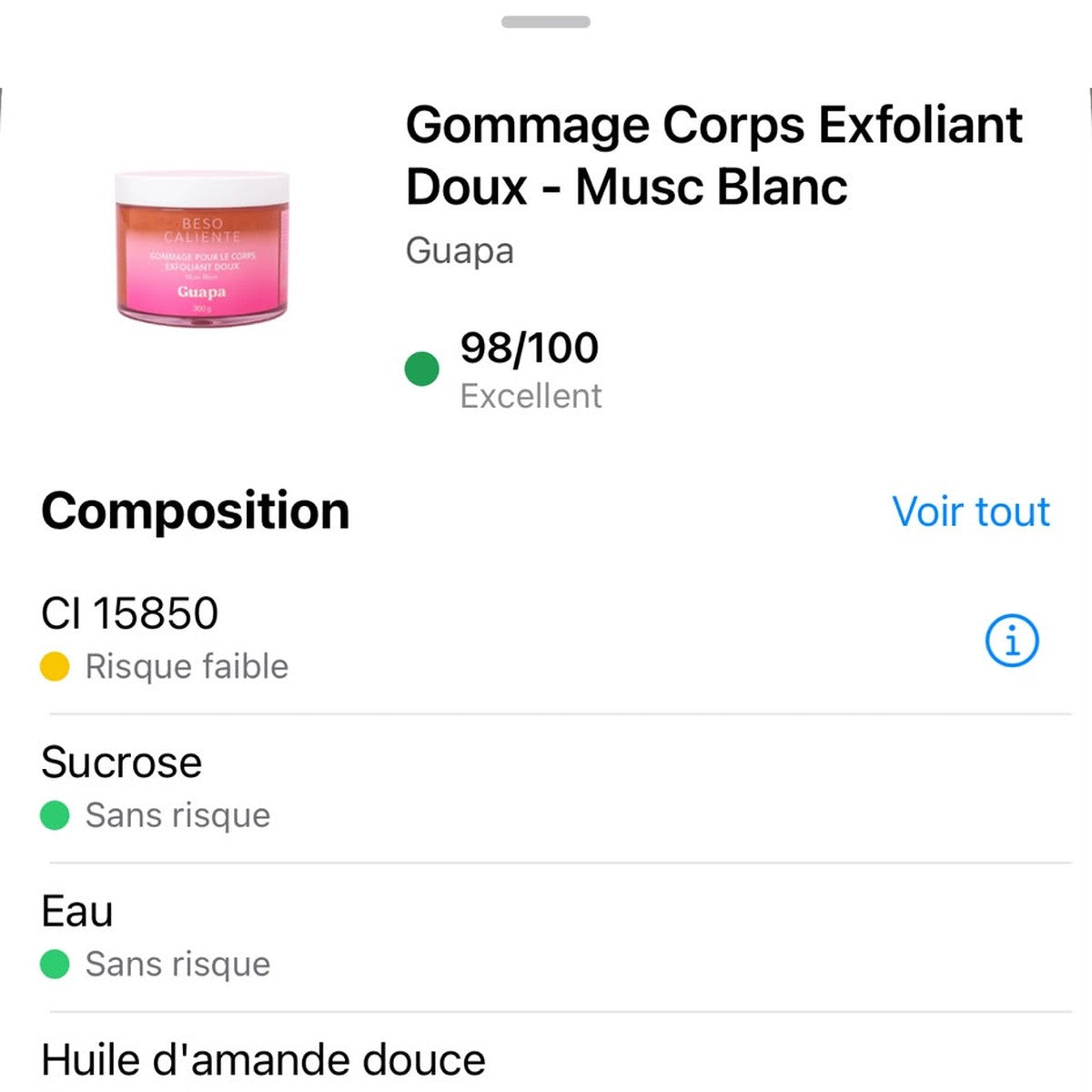 Note Yuka 98/100 Excellent – Gommage Corps Exfoliant Doux Musc Blanc GUAPA