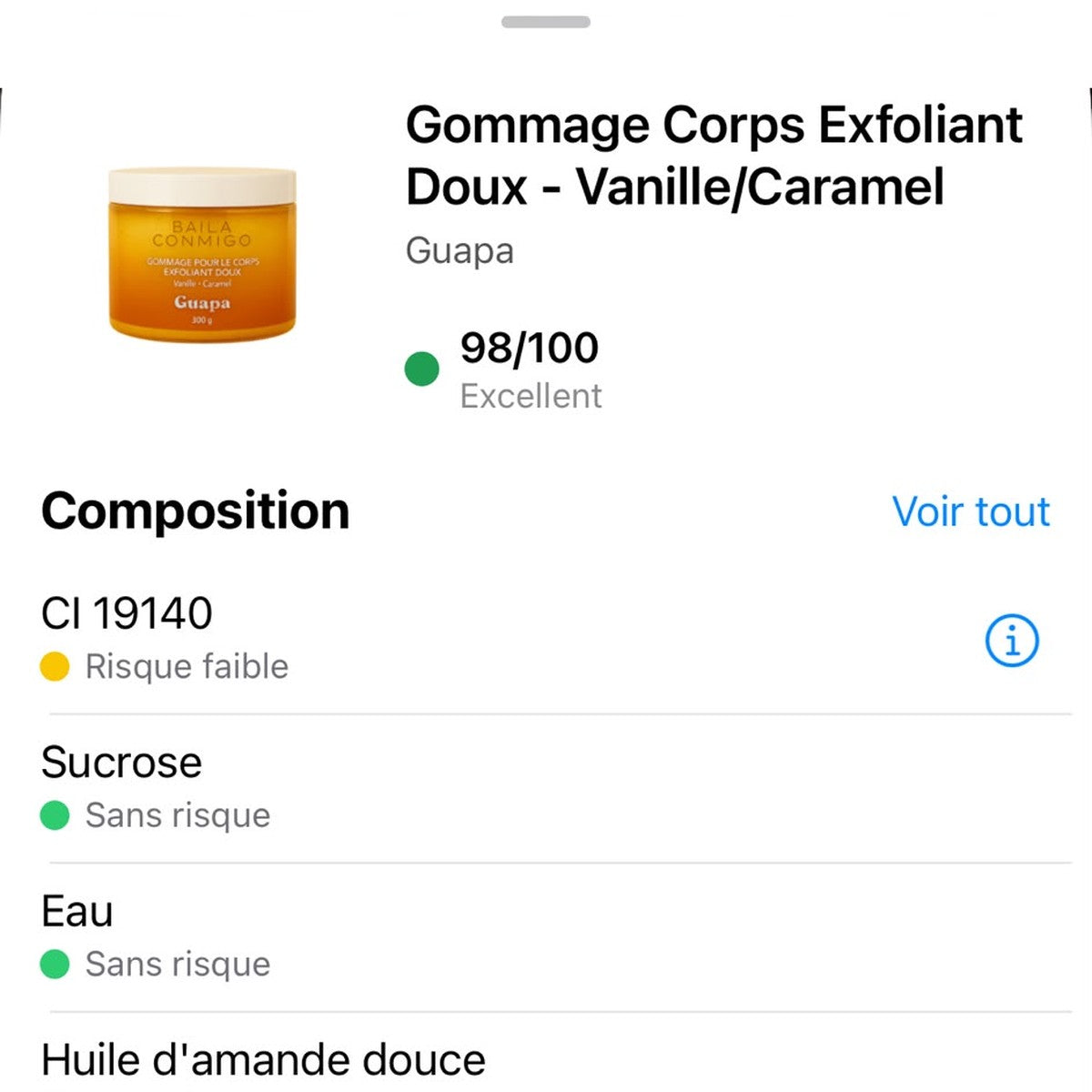 Note Yuka 98/100 Excellent – Gommage Corps Exfoliant Doux Vanille Caramel GUAPA
