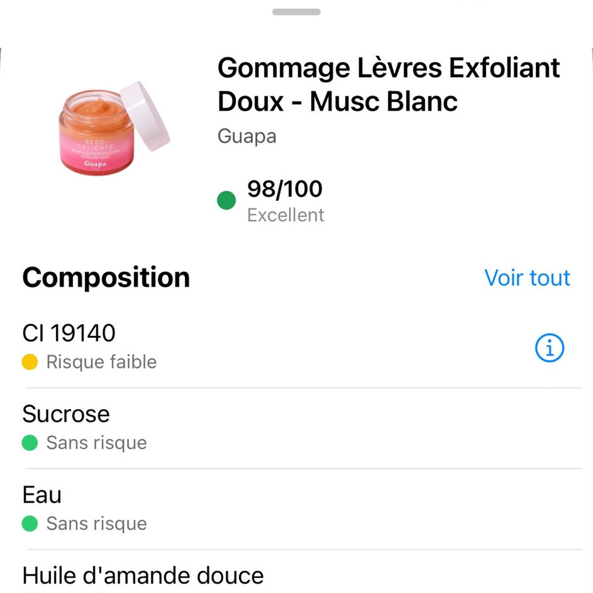 Note Yuka 98/100 Excellent – Gommage Lèvres Exfoliant Doux Musc Blanc GUAPA