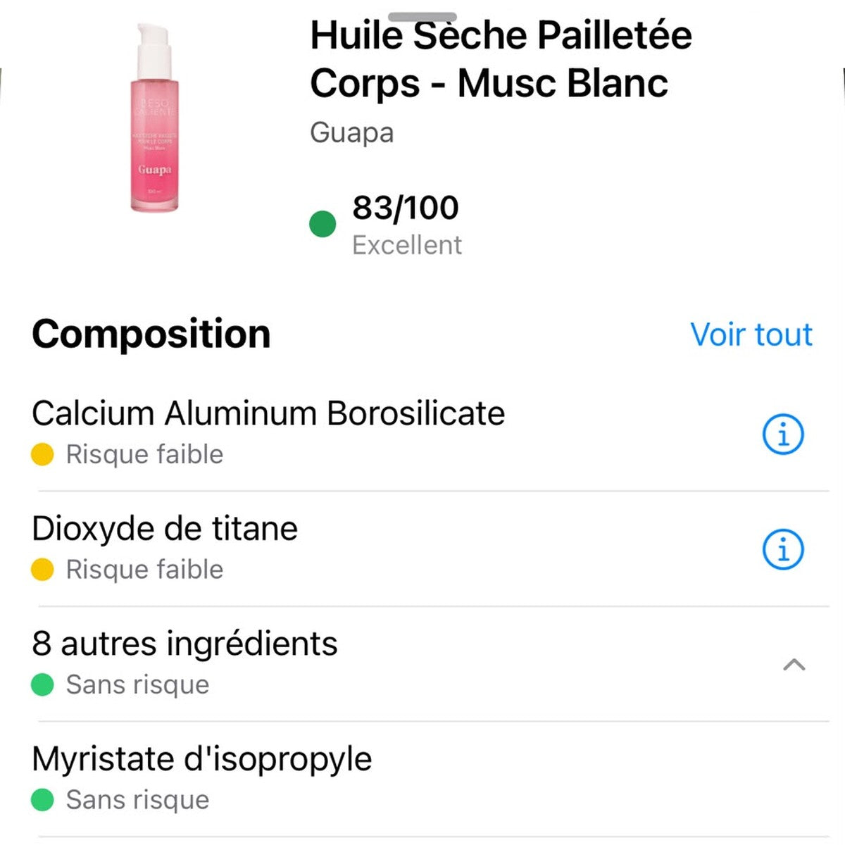 Note Yuka 83/100 Excellent – Huile Sèche Pailletée Corps Musc Blanc GUAPA