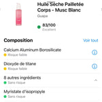 Note Yuka 83/100 Excellent – Huile Sèche Pailletée Corps Musc Blanc GUAPA