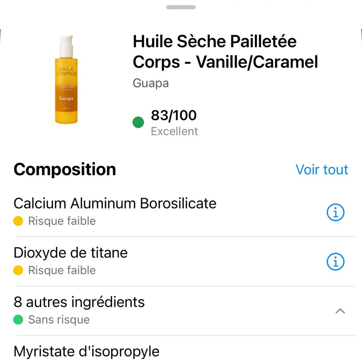 Note Yuka 83/100 Excellent – Huile Sèche Pailletée Corps Vanille Caramel GUAPA