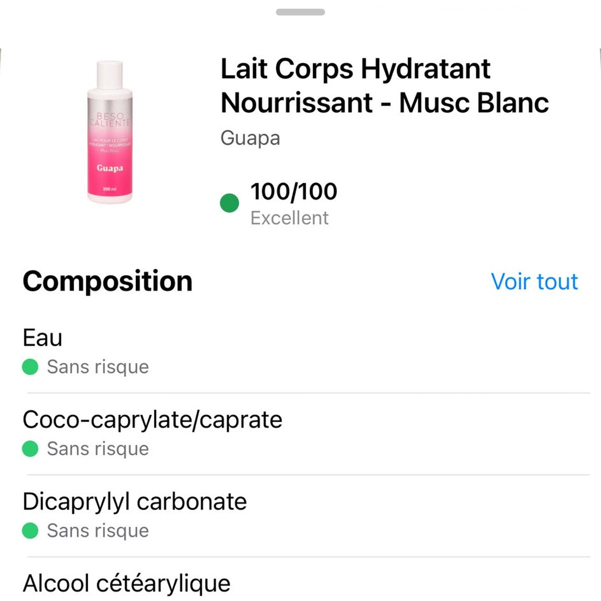 Note Yuka 100/100 Excellent – Lait Corps Hydratant Musc Blanc GUAPA