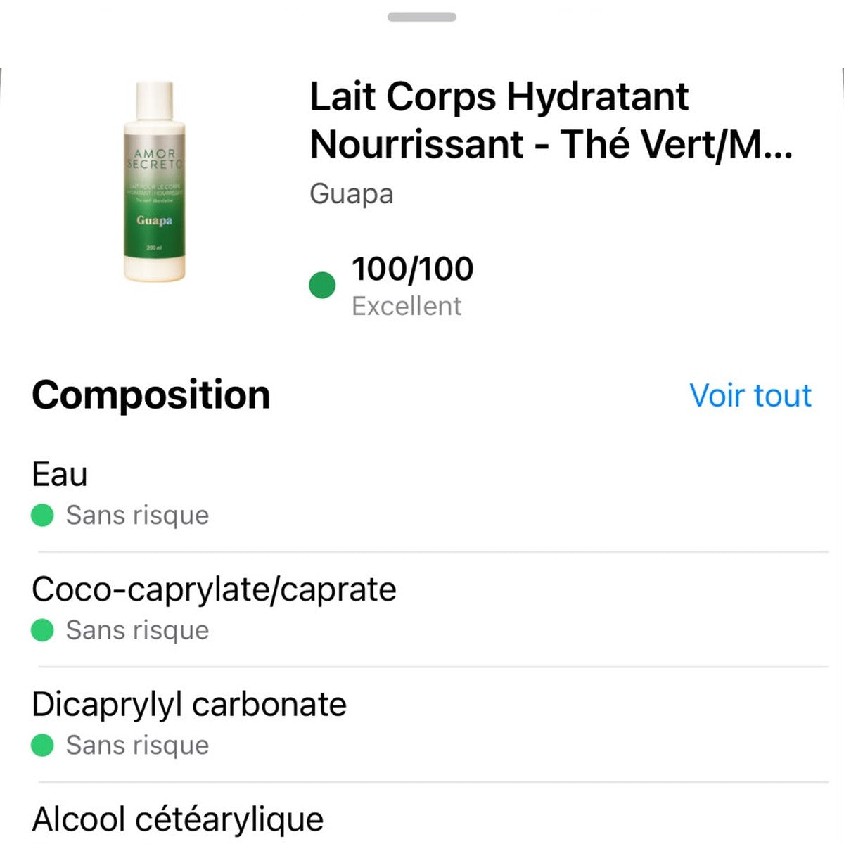 Note Yuka 100/100 Excellent – Lait Corps Hydratant Thé Vert Mandarine GUAPA
